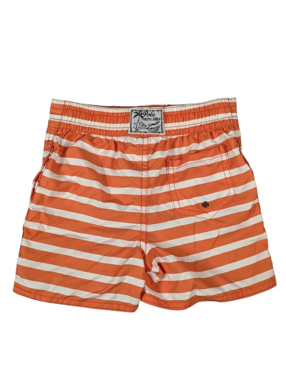 Ralph Lauren Boys 18M Orange White Stripe Swim Trunks Lined Elastic Waist Preppy